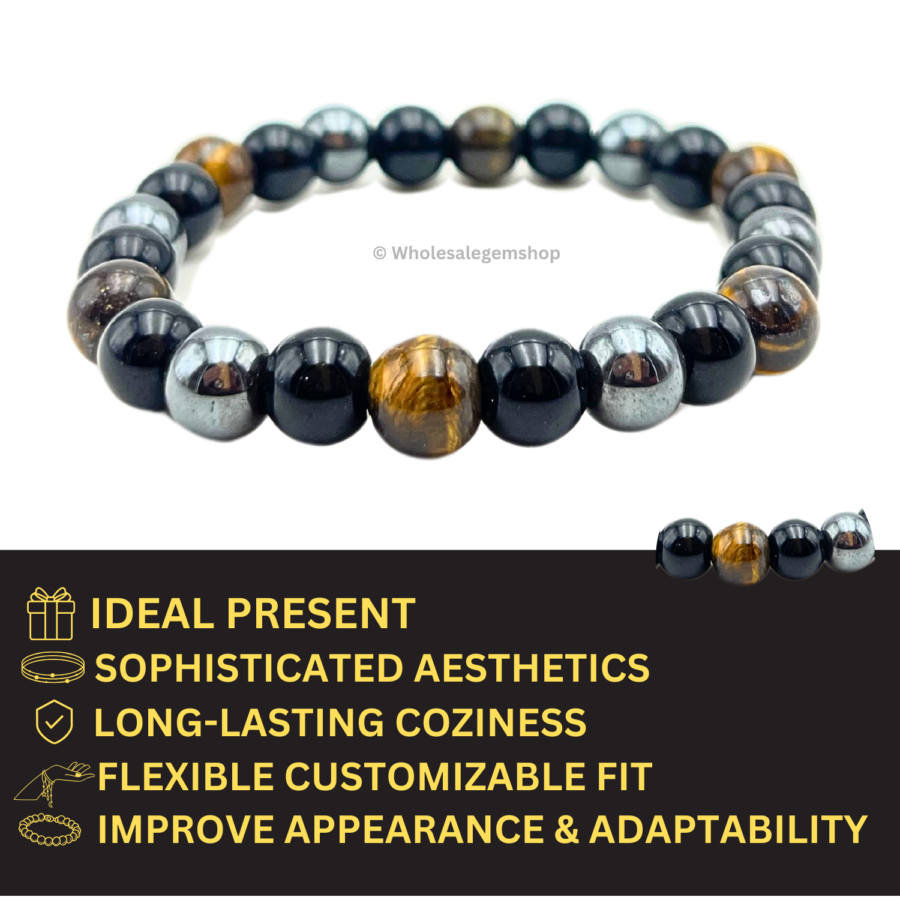 Black Obsidian, Hematite, Tiger Eye Single Stone Bracelet - Image 4